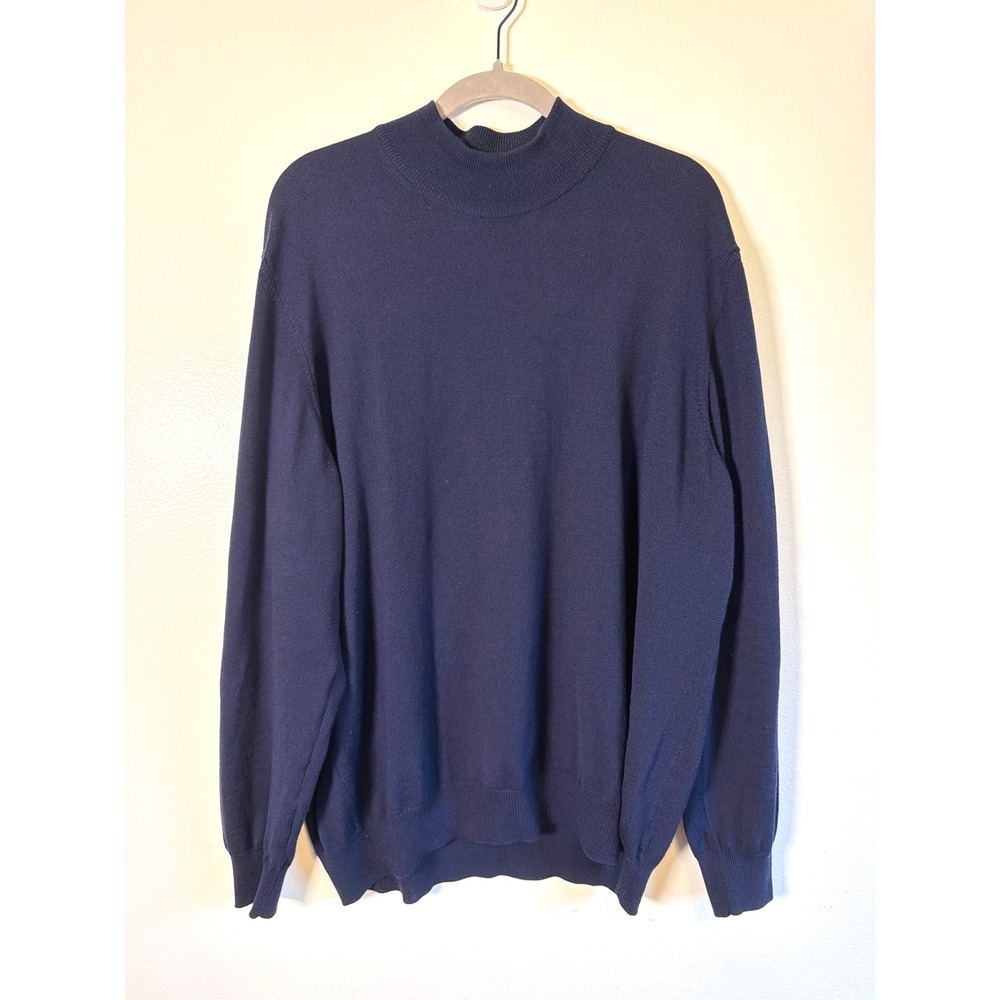 Black Brown 1826 Navy Blue Italian Merino Wool Mock Neck Sweater XXL Old Money